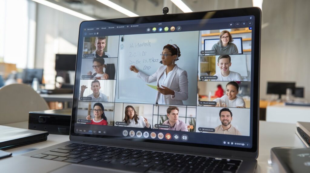 A photo of a laptop screen displaying a Zoom meeting with a teacher and multiple students. The teacher is explaining a concept while writing on a whiteboard. The students are actively participating by asking questions and sharing their screens. The background is a modern classroom with tech equipment.