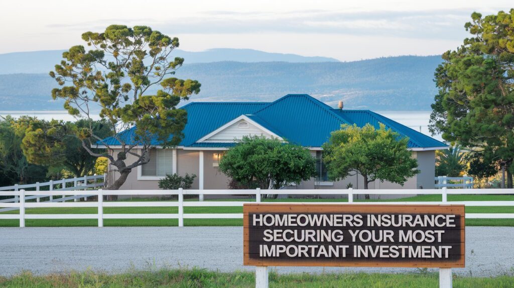 A photo of a residential house with a blue roof. The house is surrounded by lush green trees and has a white fence. In the foreground, there's a wooden sign with the text "Homeowners Insurance Securing Your Most Important Investment". The background reveals a serene landscape with mountains and a body of water.