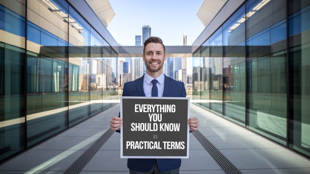 Real estate leads Agents, A photo of a real estate agent holding a sign that says "Everything You Should Know in Practical Terms". The agent is standing in front of a modern building with glass walls. The background is a city skyline with tall buildings. The lighting is bright.