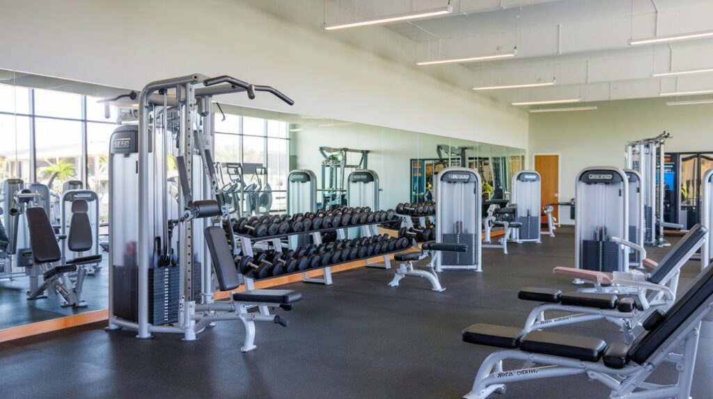 A photo of YouFit Dania Pointe, a gym with a variety of workout equipment. There are weight machines, free weights, and cardio machines. The gym has a clean and well-maintained atmosphere. The walls are painted in a light color, and there are large mirrors along them. The floor is made of rubber.