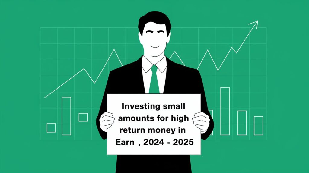 Investing Small Amounts for High Returns Earn Money in 2024 - 2025 A illustration of a man in a suit with a green background. The man is holding a sign that says "Investing Small Amounts for High Returns Earn Money in 2024 - 2025". There are graphs and charts in the background.