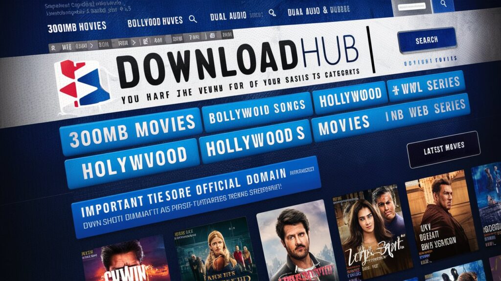 The interface of the Downloadhub website is shown in this screenshot. The color scheme consists of blue and white, navigation links to various categories of movies, and a search bar at the top. Blue buttons for genres and formats are displayed below. There is a highlighted blue notice about the official domain. Thumbnails of some movies and TV shows with their titles, descriptions, etc., are featured in the Latest Movies section.